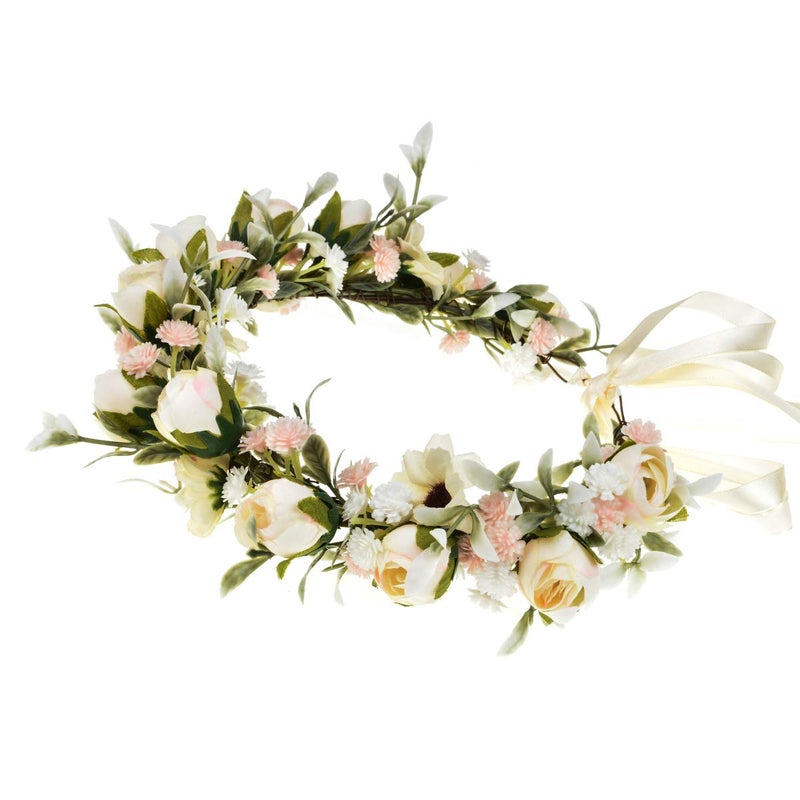Floral Fall Camellia Flower Crown Rose Headpiece Wedding Bridal Flower Girl Halo Maternity Photo Props FL-03 (Ivory Flower withBabysbreath) - Image 2
